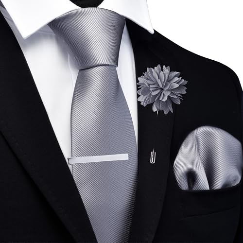 Image of Branduce 3.15 inch(8cm) Solid Formal Tie and Pocket Square Plain Necktie Lapel Pin and Tie Clip Set for Men