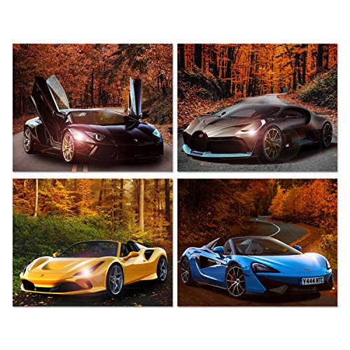 Car Posters - Lamborghini, Ferrari, Mclaren, Bugatti, Sports Car Wall Art - Supercar Decor Set of 4 Unframed (10x8 inches) Exotic Supercars Pictures - Autumn Theme
