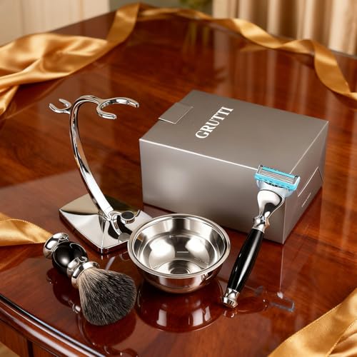 Image of GRUTTI Premium Shaving Kit for Men, 4 in 1 Shaving Set Includes Shaving Stand & Soap Bowl &Brush, Deluxe Safety Mens Razor Holder with Non Slip Base Shaving Kit compatible with Fusion 5