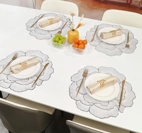 Image of Yellow Weaves 4 Pcs PVC Round Table Placemats, Dining Table Mat, Stain Resistant, Anti-Skid, Waterproof, Washable, Dining, Kitchen, Restaurant Table Set Easy to Clean, Durable (Floral Silver)