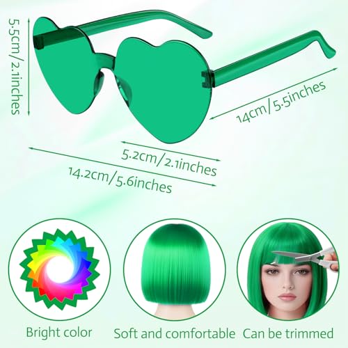 Image of MEEZY Green Short Bob Wigs Straight Hair with Flat Bangs Heart Sunglasses for Women, Colorful Funny Cosplay Party Neon Wig Synthetic Natural As Real Carnival Halloween Costume