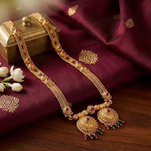 Image of Traditional 36-Inch Patti Mangalsutra | Gold-Plated Long Black Beads Mangal Sutra for Women | Matte-Finish Copper material