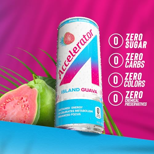 Image of Accelerator Active Energy Drink, Island Guava 12oz can (12 pack) | Zero Sugar, Sustained Energy from 100% Natural Caffeine (200mg from Green Coffee Bean & Green Tea extract)