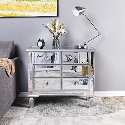 Image of VINGLI Mirrored Dresser for Bedroom with 6 Storage Drawer Modern Chest of Drawers, Silver, 32 inchL x 12 inchW x 28 inchH
