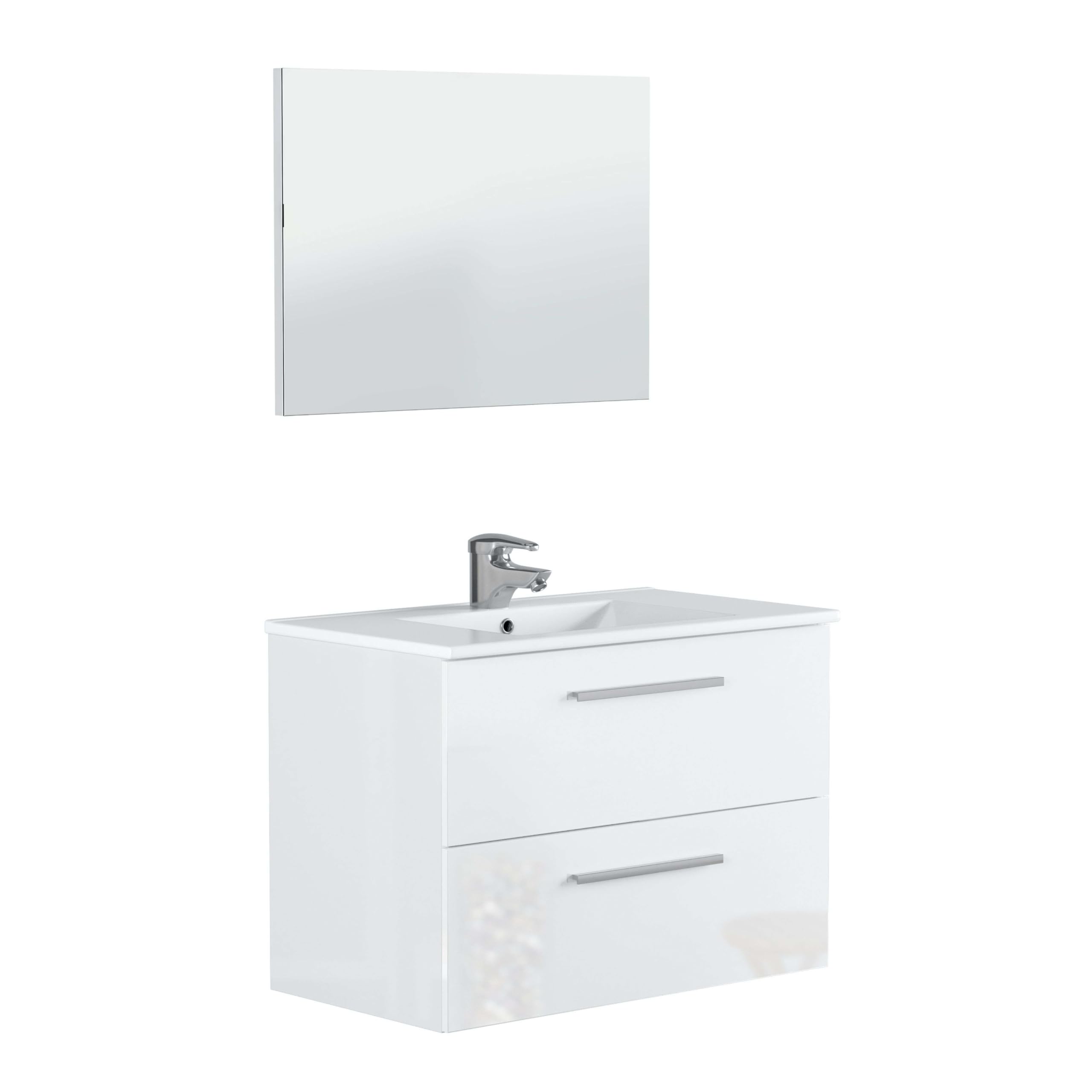 ONDÉE - Mueble de baño de la colección Aruba - Moderno y Práctico - Encimera de cerámica con Lavabo Extra Plano - Espejo Incluido - Entregado en Kit - Ancho 80 cm - Lacado Blanco