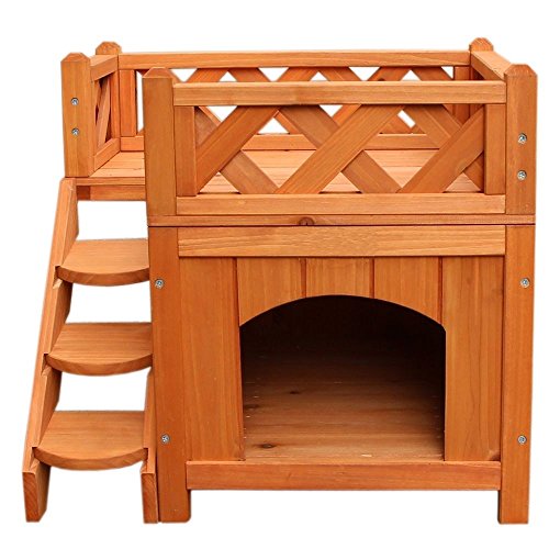 happyday04 Outdoor Cat House, Wooden Pet House, Pet Wooden Cat House Living House Kennel with Balcony Wood Color with Escape Door and Stairs