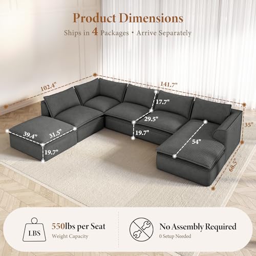 Image of Vesgantti 141.7 inch Oversized Sectional Boneless Sofa with Chaise, 7 Seat Corduroy Modular Couch with Ottoman, Convertible Deep Seat Cloud Sofa for Living Room, No Assembly Required, Dark Gray