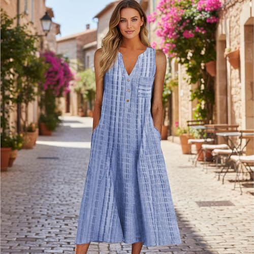 Image of Women Casual Dress Summer Stripe Button V Neck Sleeveless with Pocket Long Dresses Holiday Beach Party Midi Dress