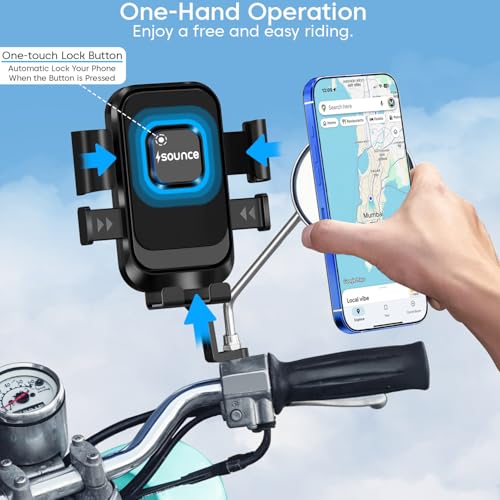 Image of Sounce RideLock Mirror Mount Mobile Holder for Bike, Scooty & Cycle, One-Click Lock Phone Holder with 360 Rotation, Secure Grip Phone Mount for GPS Navigation & Maps - Black