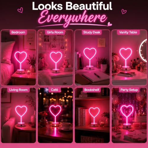 Image of Quace Heart Neon Light Pink LED Lamp for Room Decor, Dual Power USB & 3 AA Batteries, Romantic Heart Shape Night Light for Bedroom, Girls Room Decor, Desk Decor, Valentine's Gift, Birthday Gift