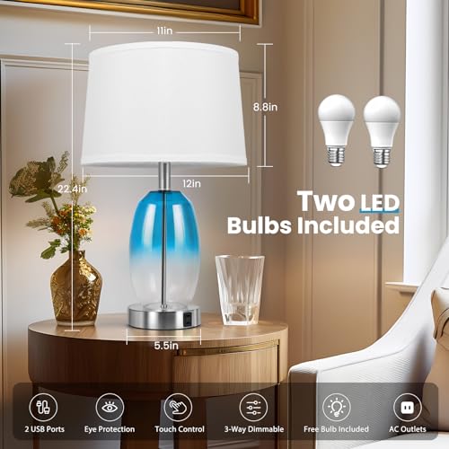 CNXIN Table Lamps Set of 2 Touch Control 22.4", Modern Coastal Teal Blue Glass Bedside Lamps with White Shade, 3-Way Dimmable Touch Lamp Dual USB Ports Outlet for Bedroom Living Room (Bulbs Included) - Image 4