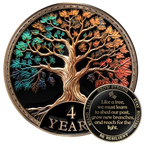 Image of MilestoneMint 4 Year Sobriety Coin, Tree of Life, AA Coins and Medallions | Sobriety Gifts for Men and Women | 3D Texture with Token Acrylic Capsule, Stand, Cards & Velvet Pouch | Recovery Sober Coin
