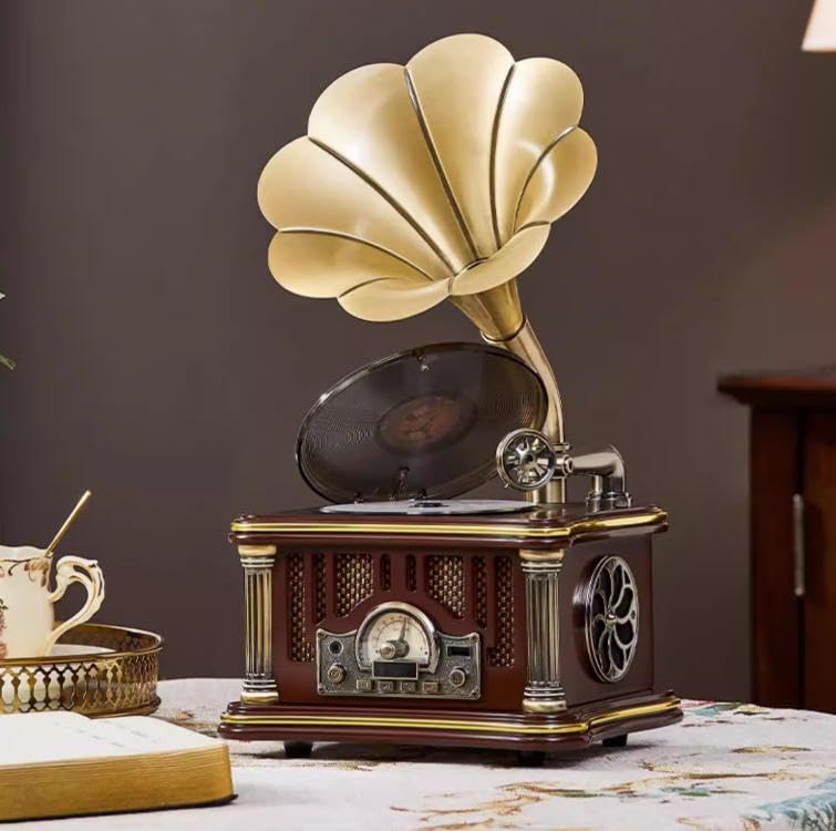 Generisch Retro Phonograph Record Player Bluetooth Lautsprecher, Typ C wiederaufladbare Nostalgic Vintage Grammophone Wireless Bluetooth 5.0 Lautsprecher CD Großes Geschenk für Familie und Freunde