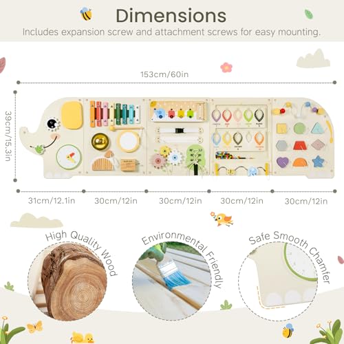 Image of Elephant Activity Wall Busy Board Panels,Wooden Montessori Learning Activity Center Sensory Toys Wooden Sensory Wall Panel for Kids Ideal Furniture for Playroom Daycare Dentist Waiting Room Nursery