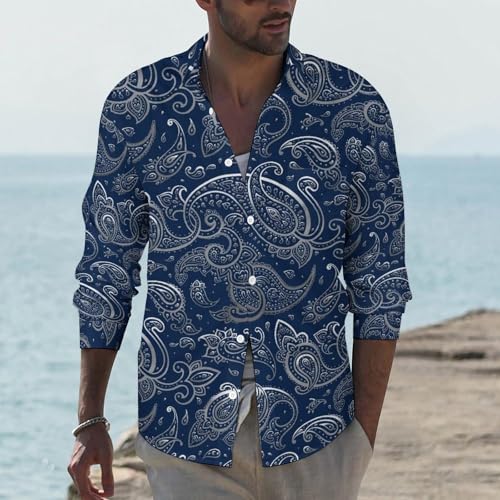 Dark Blue Paisley Mens Long Sleeve Button Down Shirts Casual Mens Button Up Shirts Regular Fit2
