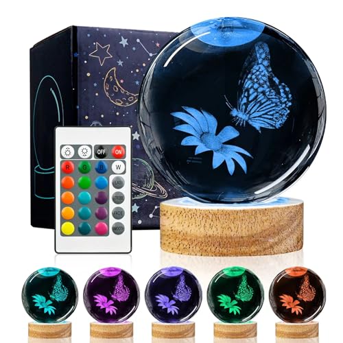 Image of 3D Butterfly Crystal Ball Night Light with 16 Colors and 4 Modes, Upgraded K9 Crystal, 3.15 Inch Butterfly and Flower Figurines, Remote Control, Gift Box