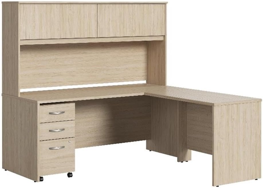 BOWERY HILL L Shaped Desk with Hutch and Drawers, Natural Elm Finish, Engineered Wood, 72W Desk with 42W Return, 3 Drawer File Cabinet, Cable Management, Office Desk for Home or Workspace