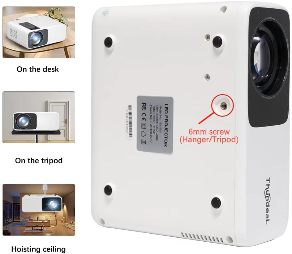 Diagram showing various projector placement options: on a desk, on a tripod, and ceiling hoisting. The bottom of the projector is also shown, indicating a 6mm screw hole for mounting.