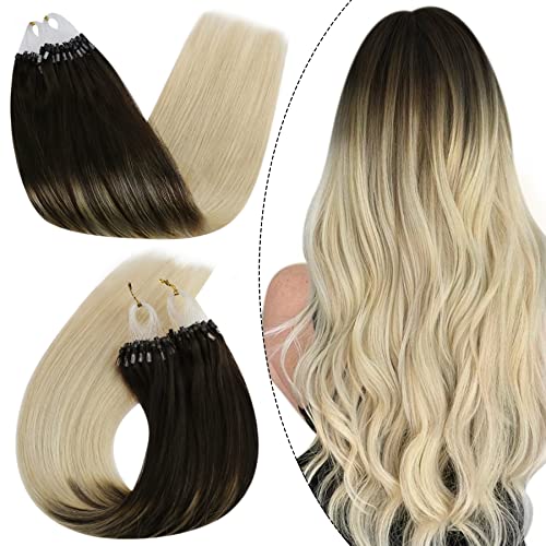 Ugeat Micro Ring Hair Extensions Human Hair 22 Inch Micro Loop Human Hair Extensions #2/60 Balayage Brown to Blonde Micro Beads Extensions Human Hair 50Gram 1G/S Cold Fusion Hair Extensions