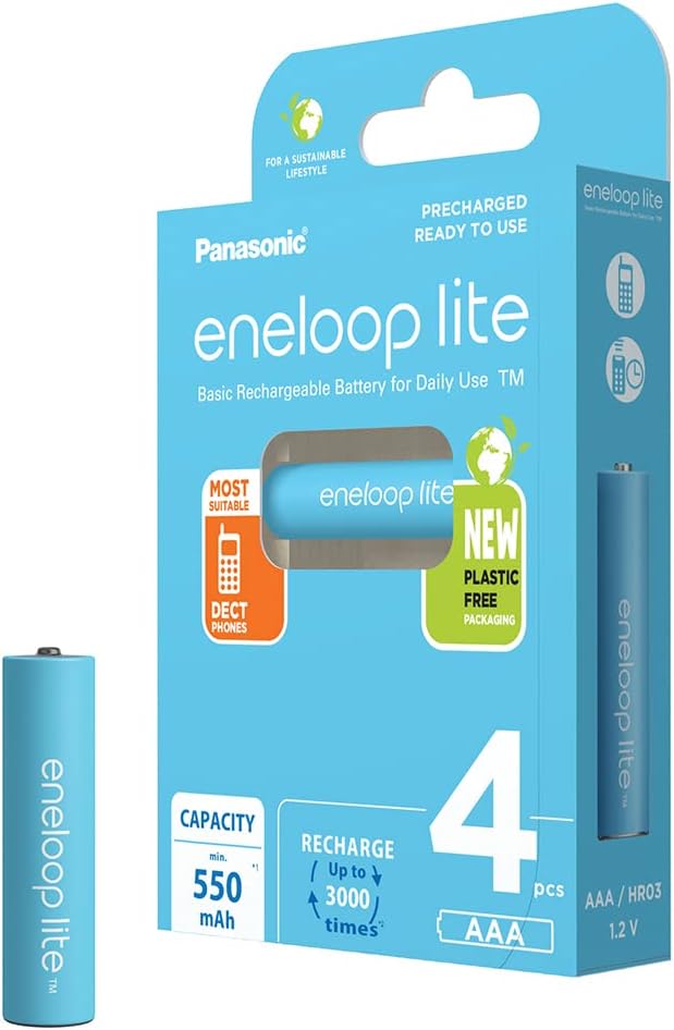 Panasonic eneloop Lite Pilas Ready-to-Use Ni-MH, AAA/Micro. Pack de 4, Capacidad mínima de 550 mAh, Vida útil de 3000 recargas, Pilas Recargables envase Libre de plásticos, Light Blue