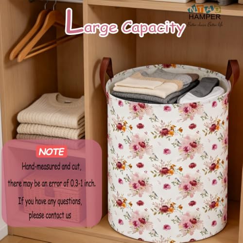 Image of 62L Vintage Rose Floral Laundry Hamper with Durable Leather Handle,Collapsible Storage Bin(Retro Pink Flowers）
