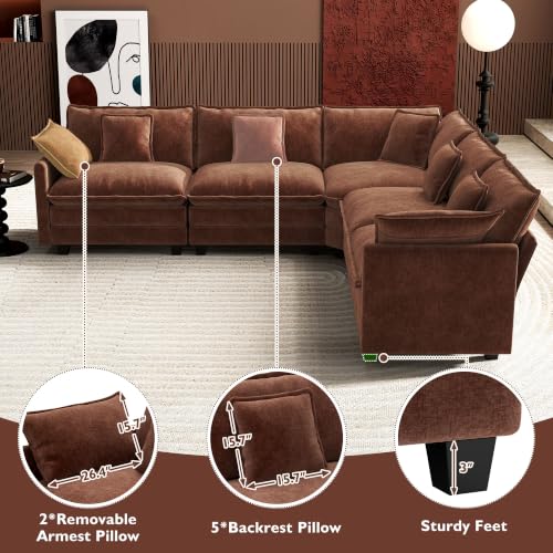 Image of Ihanherry 114 inch V-Shaped Modern Sofa Modular Sectional Luxurious and Comfortable with Corner Section, 5-Seat Chenille Deep Seat Sofa with 5 Pillows for Living Room, Bedroom and Apartment, Brick Red