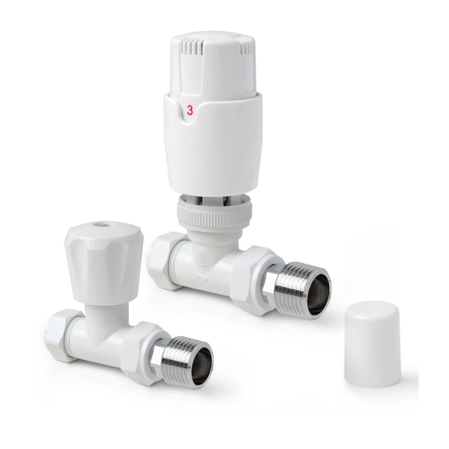 White Straight Thermostatic Radiator Valves TRV Modern Radiator Valves 15mm x 1/2" (Set of 2) for Heated Towel Rails & Central Heating Radiators Radiator Valve Set