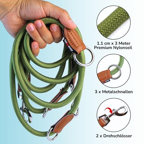 elevenants® Verstellbare Hundeleine 3 Meter | Robuste Nylon Umhängeleine für mittelgroße bis große Hunde | Führleine mit 200kg Zugkraft | Doppelleine mit 2 Karabiner | Multifunktionsleine (Grün)