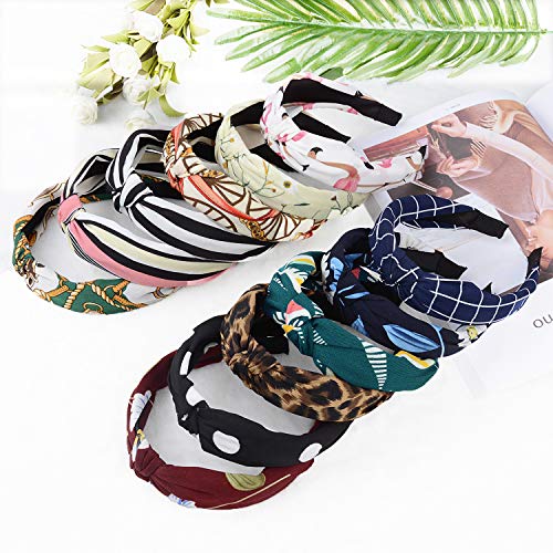 Womens Knotted Headbands, Fascigirl 12PCS Cute Wide Fabric Floral Printed Cloth Bow Knot Headbands Hard Turban Silk Cheetah Leopard Striped Hairhoop Cross Twist Knot Headbands