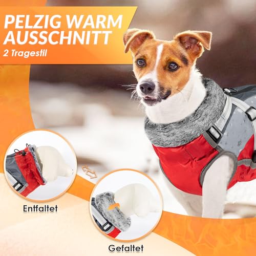 Eyein Hundemantel Winter, Wasserdichter Fleece Hundejacke mit Geschirr für kleine, mittlere und große Hunde, reflektierende Winddichter Welpenweste für Spaziergänge im Freien (Rot, M)