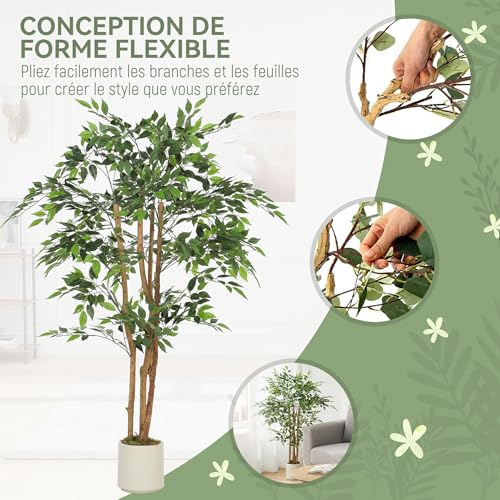 HOMCOM Plante Artificielle intérieure 150 cm Banian Arbre Artificiel, Pot en Plastique et Tronc en Bois Massif, Fausse Plante Vert décoration pour Maison, Bureau, Salon, Chambre – Image 6