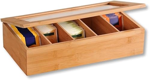 Foto von Kesper | Teebox aus Bambus | 5 Fächer | Material: Bambus | Maße: 36 x 20 x 9 cm | Teekiste mit Sichtfenster | ideal für Teebeutel, Kaffeepads & als Teekasten