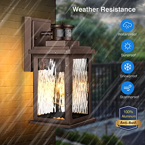 Image of VIANIS Outdoor Motion Sensor Lights for House Oil-Rubbed Bronze, Aluminum | Tempered Ripple Glass, E26, Waterproof Porch Lights Fixture Wall Mount for House, Dimmable Wall Lantern for Garage Entrance