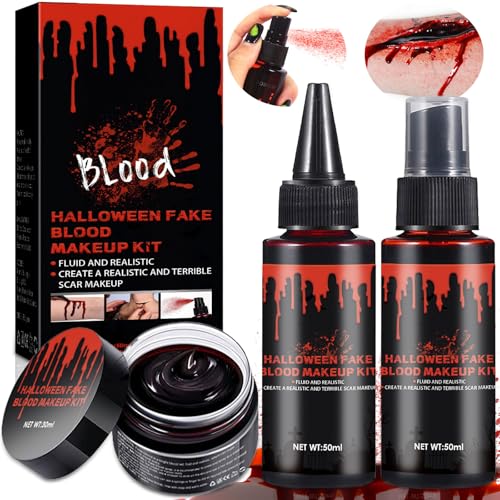ZQEJEFD Halloween Sangre Falsa Pack de 3, Spray de Sangre Falsa de 50ml y Sangre de Goteo de 50ml y Sangre de Gel Coagulada de 30ml, Seguro y no Tóxico Lavable, Para Hallowee, Zombie, Vampiro, Cosplay
