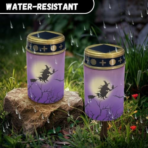 Image of 2 Pcs Witch Cemetery Solar Lights Flameless Candles | Waterproof Grave Lights Cemetery Decor, Halloween Solar Powered Landscape Light for Grave Memorial Gift, Outdoor Use