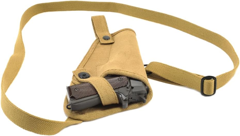World War Supply M3 Khaki Canvas M1911 .45 Tanker Shoulder Holster Marked JT&L fits Colt 1911 and Similar Size semi Autos Left Hand Version