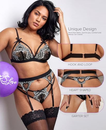 Image of RSLOVE Women Lingerie Set with Garter Belt | Heart Cutout Lace Design, Adjustable Fit, Soft Stretch Fabric, 3 Piece Romantic Lingerie Set