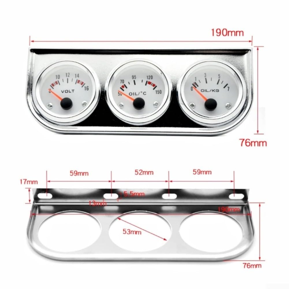Lot de 3 jauges analogiques 12 V pour tableau de bord de voiture, contrôle de la température d'huile, de la pression et de la tension (blanc)