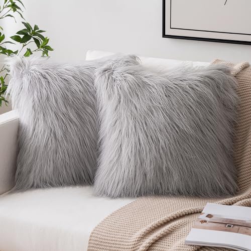 MIULEE Pack of 2 Decorative Faux Fur Throw Pillow Covers New Luxury Series Style Fluffy Pillow Case Cushion Cover for Sofa Bedroom Car Light Gery 18 x 18 Inch