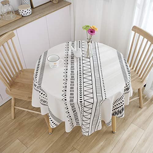 Artbud White Black Cotton Linen Table Cloths Boho Farmhouse Heavy Fabric Table Cover Burlap Striped Geometric Washable Table Top For Parties Coffee Kitchen Picnic Round 60 Inch(4-6 Seats) #TOP1