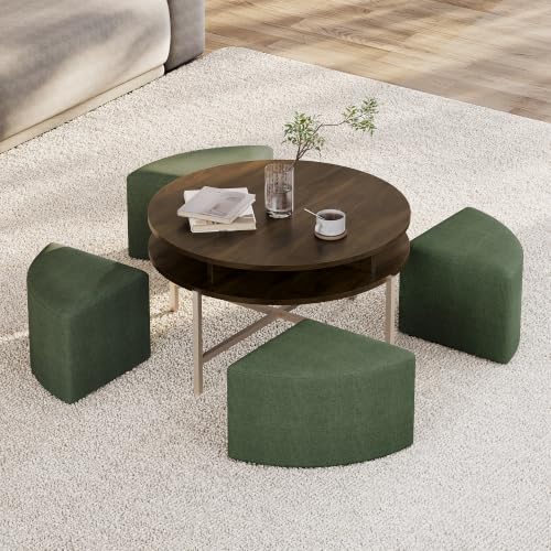 Image of Wakefit Axen Coffee Table I Engineered Wood I Colombian Walnut | Uphostery Seats | Omega Green