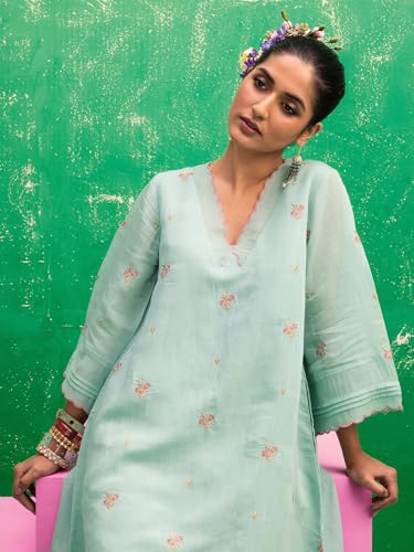 Image of Libas Embroidered Chanderi Cotton A-Line Kurta for Women