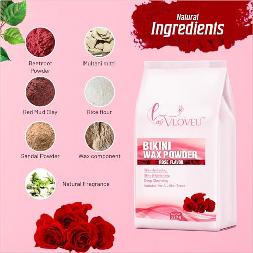 Image of VLOVEU- Bikini Rose Wax Powder for Women - 120g, Pack of 4 | 5 Minutes Painless Herbal Wax Powder for Hair Removal | Easy to Use at Home, No Chemicals - No Irritation, Bikini Wax for Women and Girls
