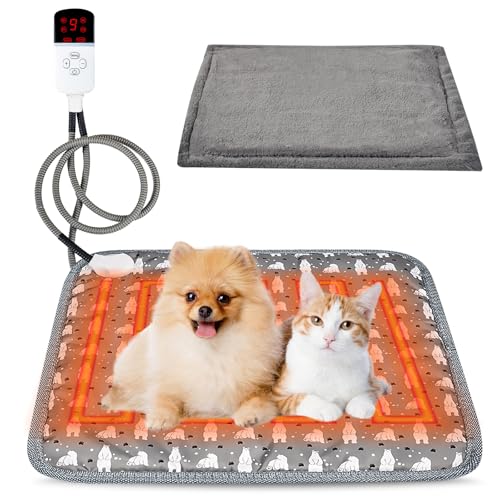PORFOYO Haustier Heizdecke, Heizkissen für Katzen und Hunde, mit Einstellbarer Temperatur & Timer, Wärmedecke Katze mit Bissfestem Kabel, Heizmatte...
