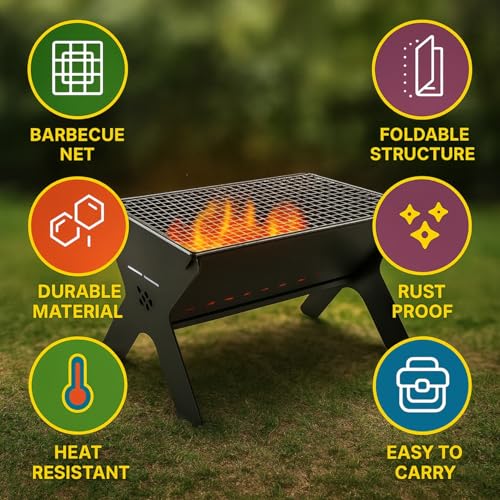Image of ecofynd Portable Charcoal Barbeque Grill, Modern Foldable & Compact BBQ Set for Home, Picnic, Camping, Traveling, Outdoor Cooking, Bonfire, Heavy Duty Firepit Tandoor tools (Stellar Black, BBQ002)