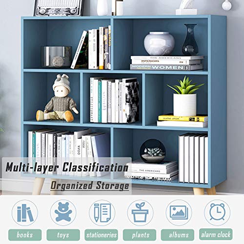 Image of IOTXY Wooden Open Shelf Bookcase - 3-Tier Bookshelf with Legs, Bright Blue