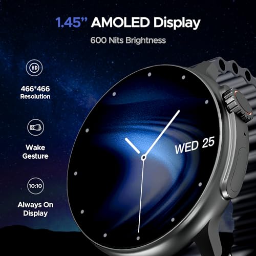 Image of boAt Lunar Tigon Smart Watch w / 1.45 inch (3.6 cm) AMOLED Display,Advanced BT Calling,Always on Display, Functional Crown,Premium Design & Ocean Ridge Strap,IP67,HR & SpO2 Monitoring(Active Black)