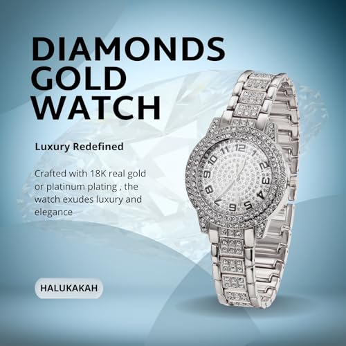 Image of Halukakah Diamonds Watch Iced Out for Boy Teens Kids - 18K Real Gold /Platinum Plated,Arabic Numerals Round Dial,Japanese Quartz - 7.7 inch Length - Optional with Cuban Link Chain - for Birthday,Parties