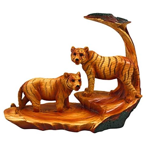 Wood Tigers Hand-Carved Statue Wildlife 7" Outdoor Figures Cover