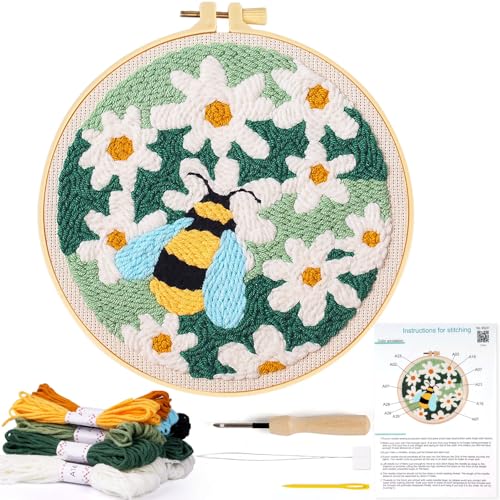 Image of KESTAR Punch Needle Embroidery Starter Kits, Bee and Daisy Flower Punch Needle Kits for Adults Beginner, Needle Punch Kit Tool with Instruction Threader Fabric Yarns and Hoop